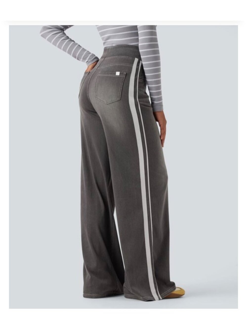 Halara XL Wide-Leg Gray Pants With Side Stripe - Womens Casual Stretch Denim Si - Picture 3 of 12